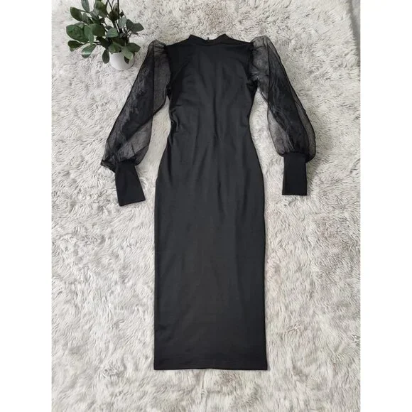 Women's Sheer Mesh Bodycon Dress Long Sleeve Party Midi Clubwear